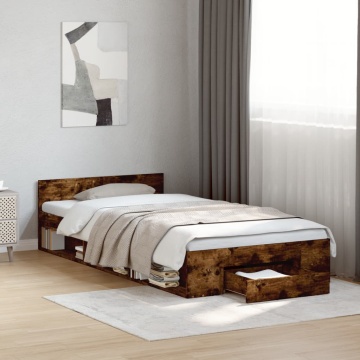 Cadru pat cu sertar stejar fumuriu, 90x200 cm, lemn prelucrat - Img 3