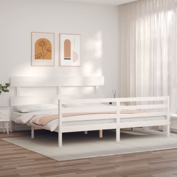Cadru pat cu tăblie 200x200 cm, alb, lemn masiv - Img 3