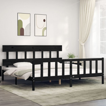 Cadru pat cu tăblie 200x200 cm, negru, lemn masiv - Img 1
