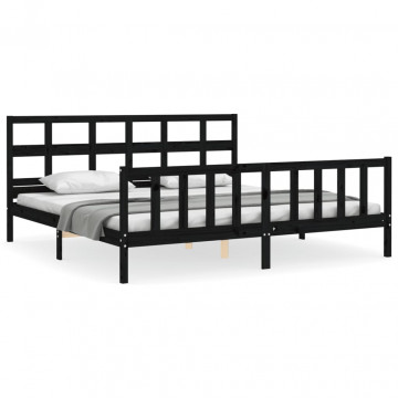 Cadru pat cu tăblie 200x200 cm, negru, lemn masiv - Img 2