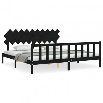 Cadru pat cu tăblie 200x200 cm, negru, lemn masiv - Img 2