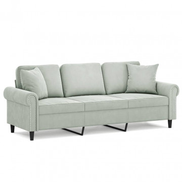 Canapea cu 3 locuri cu pernuțe, gri deschis, 180 cm, catifea - Img 2