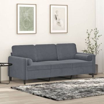 Canapea cu 3 locuri cu pernuțe, gri închis, 180 cm, catifea - Img 1