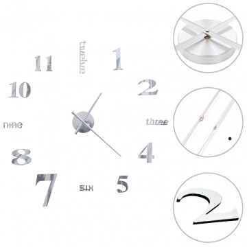 Ceas de perete 3D, argintiu, 100 cm, XXL, design modern - Img 2