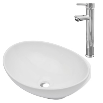 Chiuvetă de baie cu robinet mixer, ceramică, oval, alb - Img 2