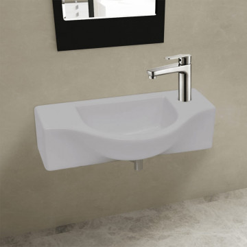 Chiuvetă de baie din ceramică, gaură pentru robinet și preaplin, alb - Img 1