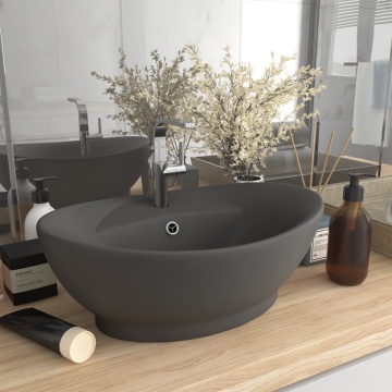 Chiuvetă lux cu preaplin gri închis mat 58,5x39cm ceramică oval - Img 1