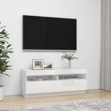 Comodă TV cu lumini LED, alb extralucios, 100x35x40 cm - Img 8