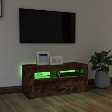 Comodă TV cu lumini LED, stejar fumuriu, 90x35x40 cm - Img 4