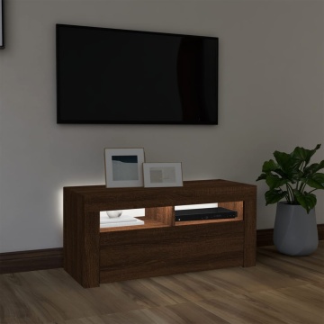 Comodă TV cu lumini LED, stejar maro, 90x35x40 cm - Img 3