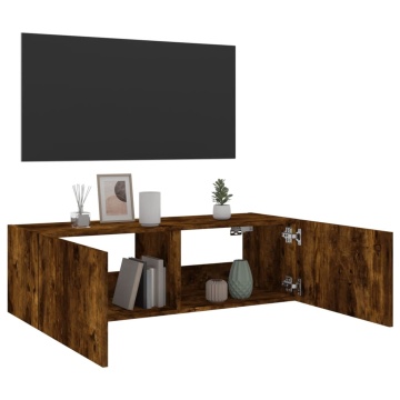 Comodă TV de perete cu lumini LED, stejar fumuriu, 100x35x31 cm - Img 7
