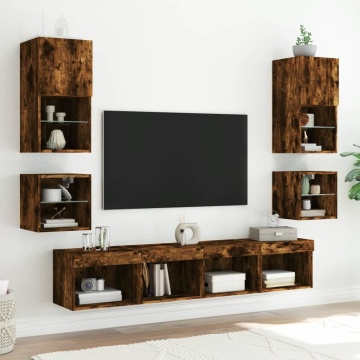 Comodă TV de perete cu lumini LED, stejar fumuriu 30x28,5x30 cm - Img 8