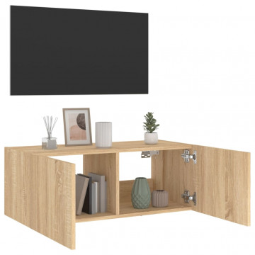 Comodă TV de perete cu lumini LED, stejar sonoma, 80x35x31 cm - Img 5
