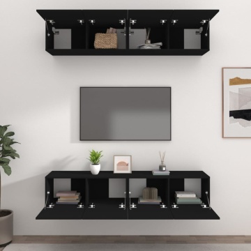 Comode TV, 4 buc., negru, 80x30x30 cm, lemn compozit - Img 3