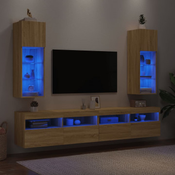 Comode TV cu lumini LED, 2 buc., stejar sonoma, 30,5x30x90 cm - Img 4
