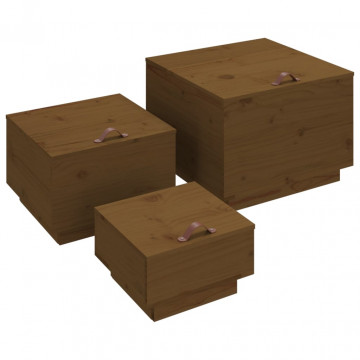 Cutii de depozitare cu capace 3 buc. maro miere lemn masiv pin - Img 2
