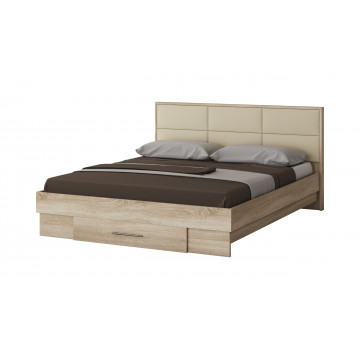 Dormitor Solano, sonoma, dulap 150 cm, pat cu tablie tapitata crem 140×200 cm, 2 noptiere, comoda - Img 2