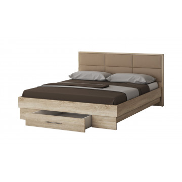 Dormitor Solano, sonoma, dulap 183 cm, pat cu tablie tapitata camel 140×200 cm, 2 noptiere, comoda - Img 4