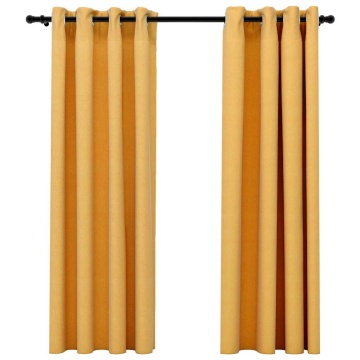 Draperii opace aspect in, cu ocheți, 2 buc., galben, 140x175 cm - Img 2