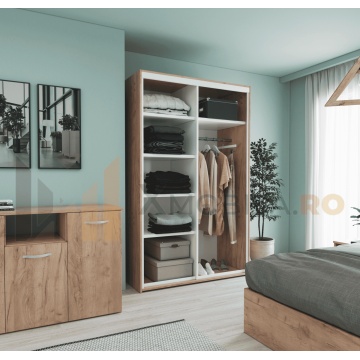 Dressing cu 2 Usi Glisante Stejar Auriu, H200x120x60cm, bara de Umerase si 5 Polite de Depozitare Pal 18 mm - Img 2