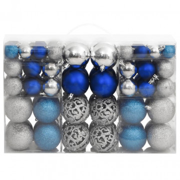 Globuri de Crăciun 100 buc., albastru și argintiu, 3 / 4 / 6 cm - Img 1