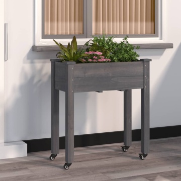 Jardinieră pe roți cu căptușeală gri 71x37x80cm lemn masiv brad - Img 1