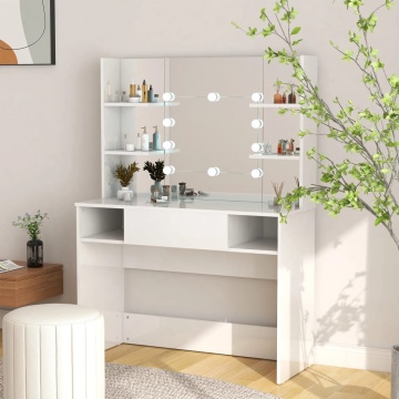 Masă de machiaj cu lumini LED, alb lucios, 100x40x135 cm, MDF - Img 1