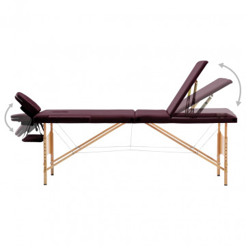 Masă de masaj pliabilă, 3 zone, violet vin, lemn - Img 3