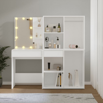 Masă de toaletă cu LED și 2 dulapuri, alb, lemn prelucrat - Img 4