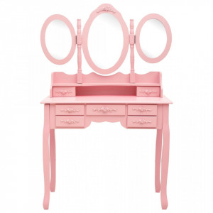 Masă de toaletă cu taburet și triptic oglinzi, roz - Img 4