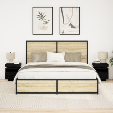 Noptieră cu lumini LED 2 buc Negru Stejar 40x39x48,5 cm - Img 1