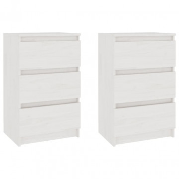 Noptiere, 2 buc, alb, 40x29,5x64 cm, lemn masiv de pin - Img 2