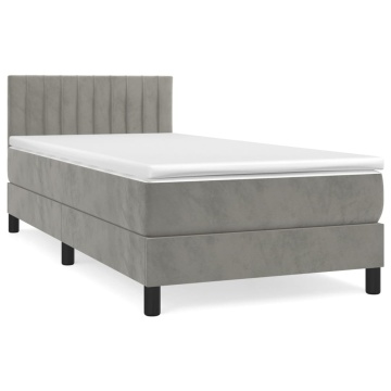 Pat box spring cu saltea, gri deschis, 90x190 cm, catifea - Img 2