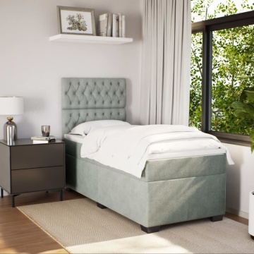 Pat box spring cu saltea, gri deschis, 90x190 cm, catifea - Img 3