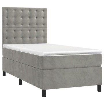 Pat box spring cu saltea, gri deschis, 90x200 cm, catifea - Img 3