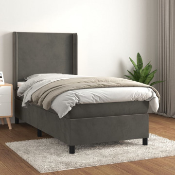 Pat box spring cu saltea, gri închis, 100x200 cm, catifea - Img 1