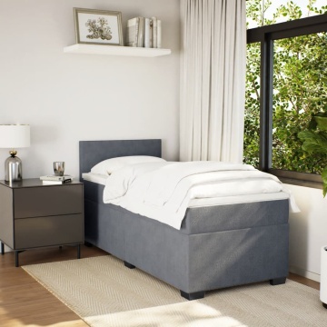 Pat box spring cu saltea, gri închis, 90x200 cm, catifea - Img 3