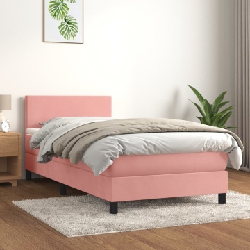 Pat box spring cu saltea, roz, 100x200 cm, catifea - Img 1