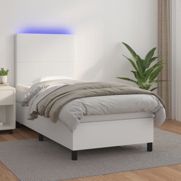Pat continental cu saltea & LED, alb, 90x200 cm, piele eco - Img 1