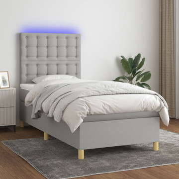 Pat cu arcuri, saltea și LED, gri deschis, 100x200 cm, textil - Img 1