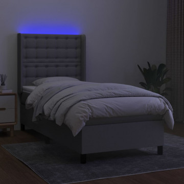 Pat cu arcuri, saltea și LED, gri deschis, 100x200 cm, textil - Img 3