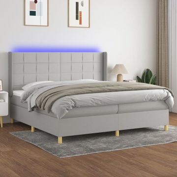 Pat cu arcuri, saltea și LED, gri deschis, 200x200 cm, textil - Img 1