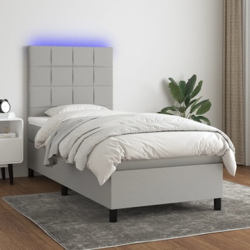 Pat cu arcuri, saltea și LED, gri deschis, 90x190 cm, textil - Img 1
