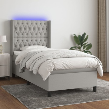 Pat cu arcuri, saltea și LED, gri deschis, 90x200 cm, textil - Img 1