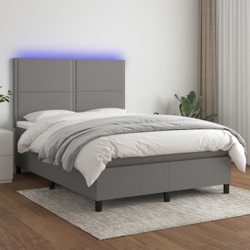 Pat cu arcuri, saltea și LED, gri închis, 140x190 cm, textil - Img 1
