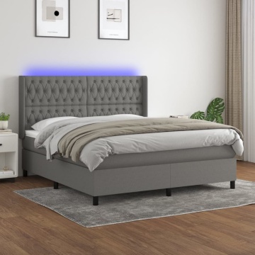 Pat cu arcuri, saltea și LED, gri închis, 180x200 cm, textil - Img 1