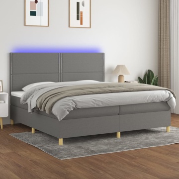 Pat cu arcuri, saltea și LED, gri închis, 200x200 cm, textil - Img 1