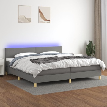Pat cu arcuri, saltea și LED, gri închis, 200x200 cm, textil - Img 1