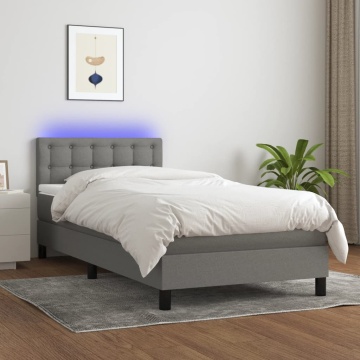 Pat cu arcuri, saltea și LED, gri închis, 80x200 cm, textil - Img 1