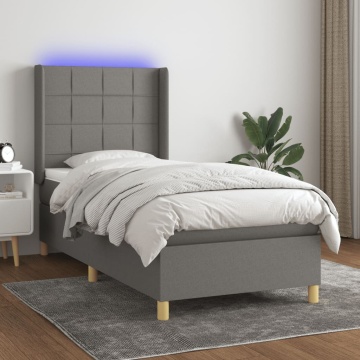 Pat cu arcuri, saltea și LED, gri închis, 90x190 cm, textil - Img 1